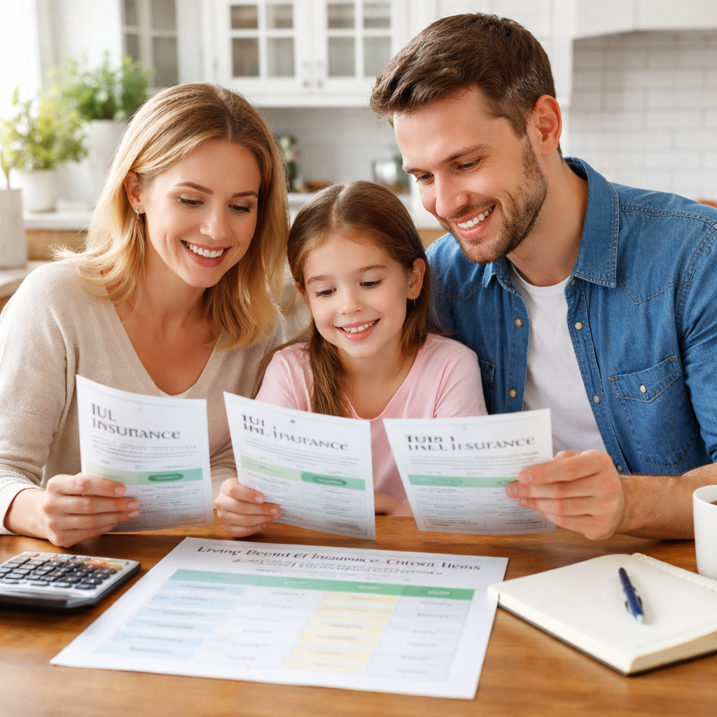 A photorealistic scene of a family at a kitchen table reviewing three life‑insurance policy brochures – IUL, term, and whole life – with a calculator and a notebook, showing a calm, supportive atmosphere. Alt: living benefits life insurance for chronic illness comparison chart.