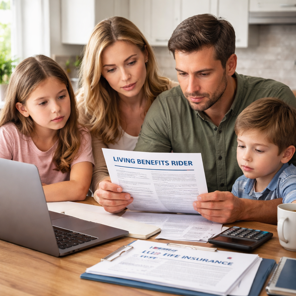 A photorealistic scene of a family sitting at a kitchen table with a laptop, insurance documents, and a calculator, reviewing a chronic‑illness living benefits rider. Alt: family reviewing living benefits life insurance for chronic illness.