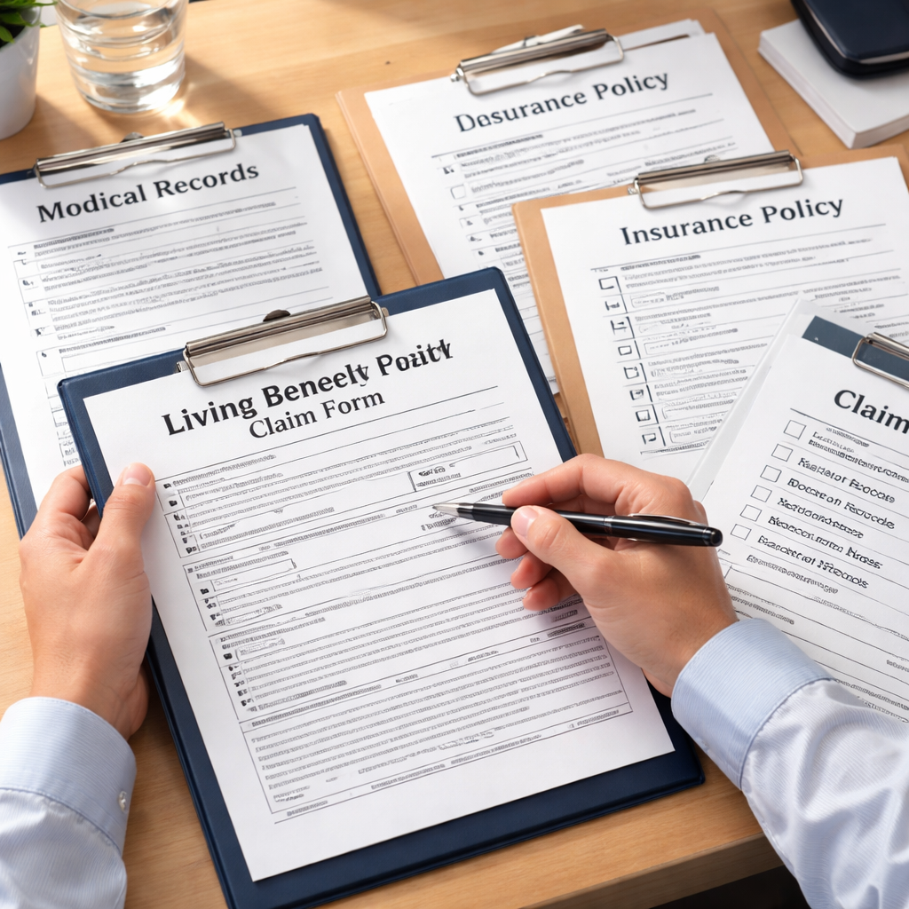 A realistic illustration of a person organizing medical paperwork on a desk, showing forms, doctor notes, and policy documents. Alt: living benefits claim documentation checklist.