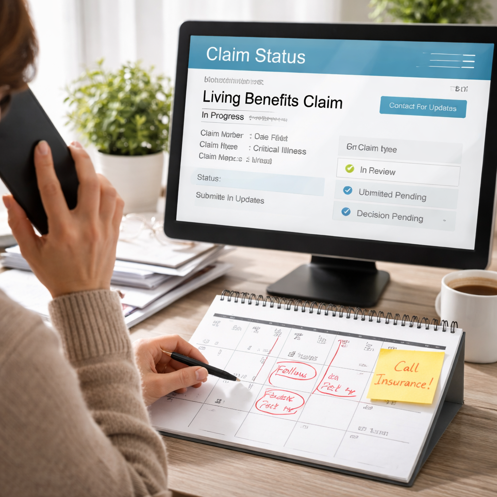 A realistic scene of a phone call and a computer screen showing claim status, with a calendar marking follow‑up dates. Alt: follow up living benefits claim process.
