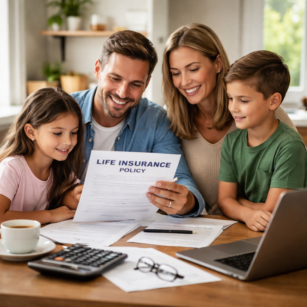 A photorealistic scene of a family gathered around a kitchen table reviewing a life‑insurance policy document, with a calculator and a laptop open, showing a sense of financial planning and peace of mind. Alt: living benefits life insurance pros and cons visual.