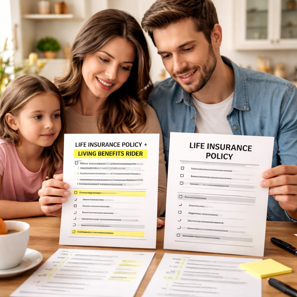 A photorealistic scene of a family at a kitchen table comparing two life‑insurance policy documents, one highlighted with a living‑benefits rider, the other plain, showing check marks and notes. Alt: Comparison of living benefits life insurance pros and cons