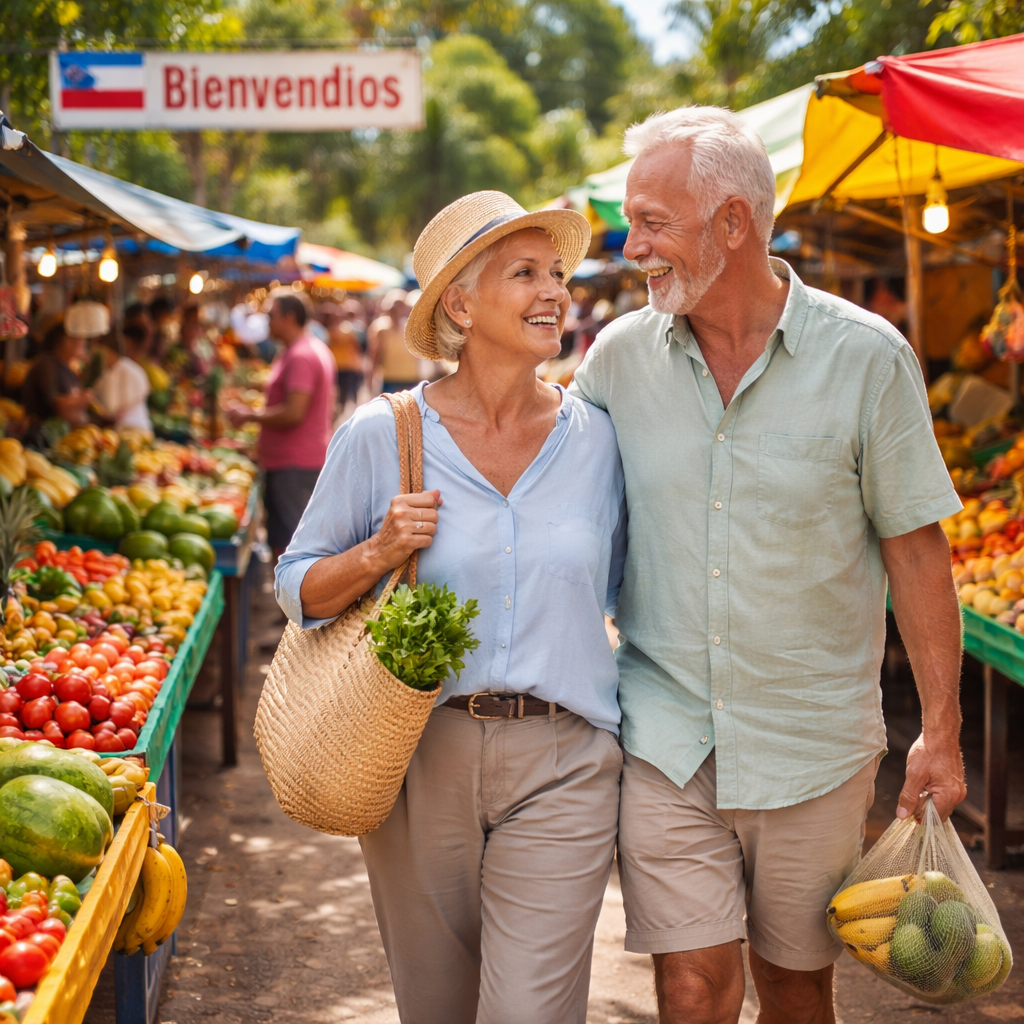 A realistic scene of a senior couple strolling through a Costa Rican farmer’s market, bright stalls of fruit and vegetables, smiling locals, sunny atmosphere. Alt: senior expats enjoying a Costa Rican market.