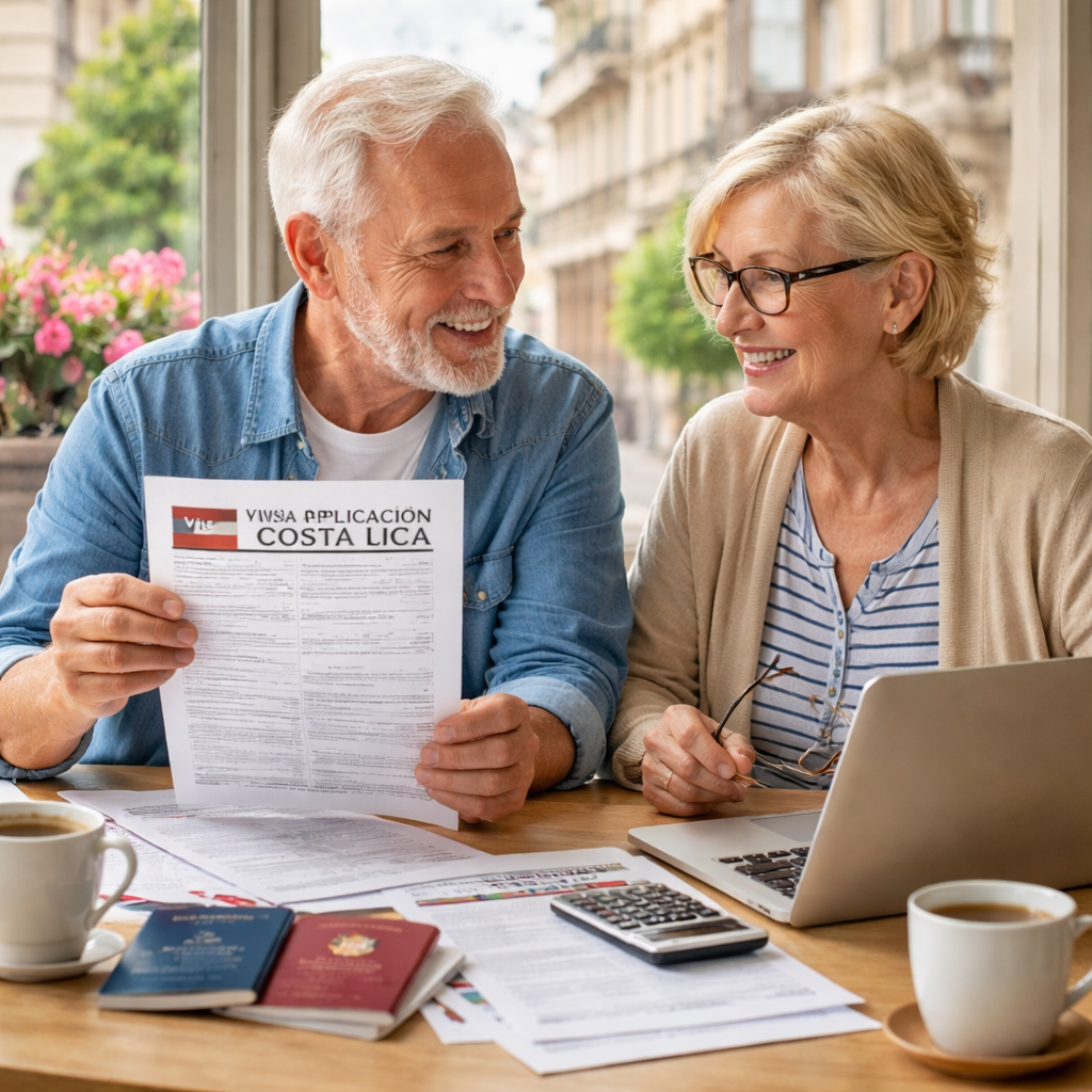 A realistic illustration of a senior couple sitting at a desk with a stack of papers, a laptop, and a coffee, symbolizing visa paperwork. Alt: senior expats handling Costa Rica residency documents.