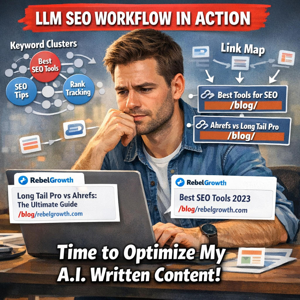 An AI‑generated illustration of a digital marketer reviewing LLM‑generated SEO content on a laptop, with keyword clusters and link maps floating around. Alt: LLM SEO workflow visual guide