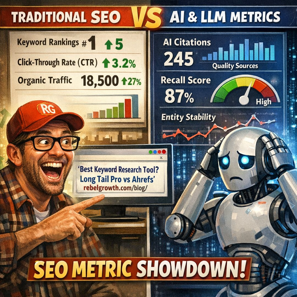 An AI‑generated illustration of a dashboard split into two halves – one showing classic SEO metrics like rankings and CTR, the other displaying AI citations, recall scores, and entity stability graphs. Alt: LLM SEO metrics dashboard with KPI visualisation