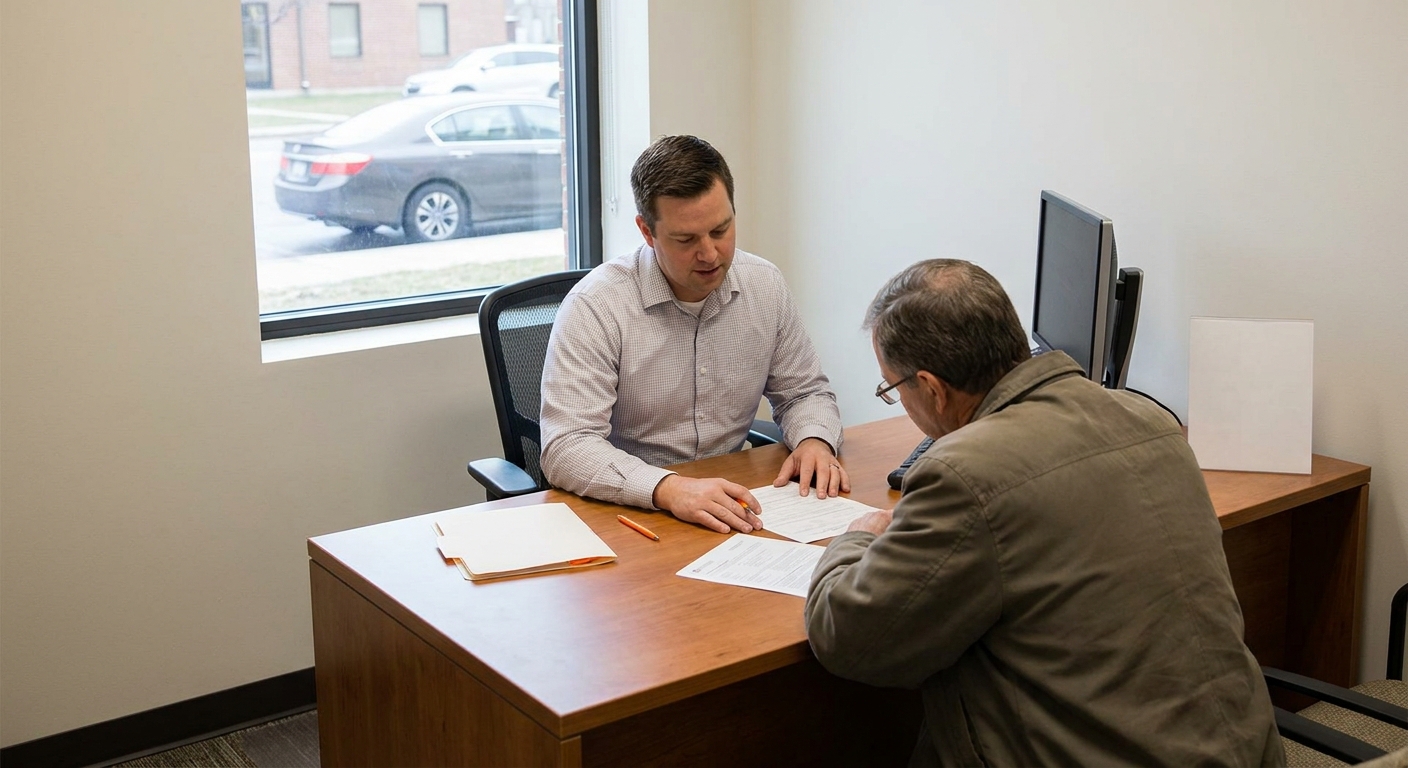 A photorealistic scene inside a small financial services storefront , a loan officer sits across a desk from a customer, reviewing documents. Natural lighting, tidy office environment with a window showing a parked car outside. Alt: customer getting a loan against car title at a traditional storefront lender.