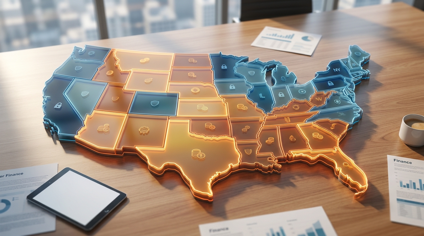 A photorealistic wide-angle image of the United States as a stylized map with highlighted states and subtle visual indicators suggesting varying lending rules , warm accent tones for permissive states, cooler tones for restricted ones. Clean, editorial style suitable for a finance blog. Alt: map showing state-by-state title loan regulations across the US.
