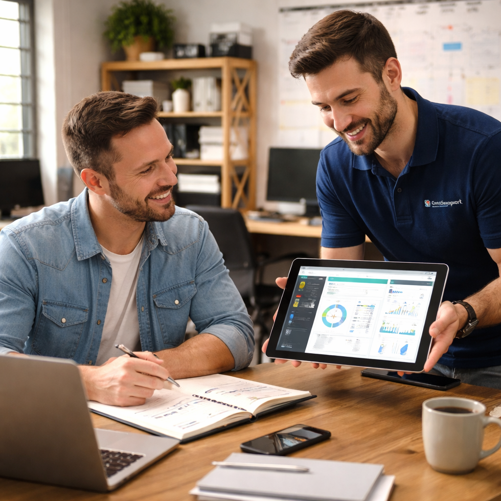 A photorealistic scene of a small business owner sitting at a desk with a laptop, a notebook listing IT assets, and a friendly local IT technician showing a tablet with a monitoring dashboard. Alt: Assessing current IT environment for local IT support for small business.