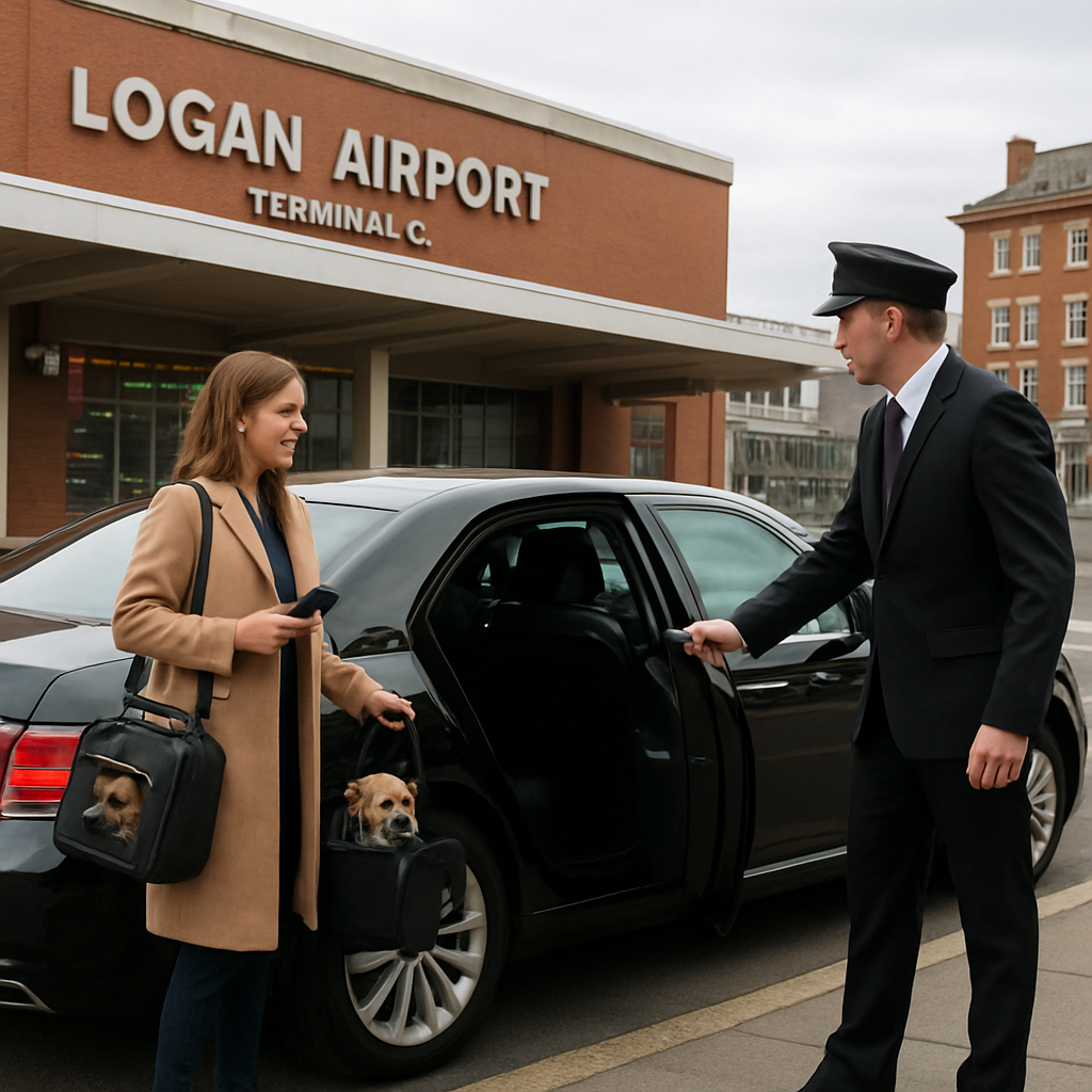 A sleek black limousine parked at Logan Airport’s Terminal C curb, with a professional chauffeur opening the door for a traveler holding a smartphone and a small dog in a carrier. Alt: Logan Airport Limousine Service with Wi‑Fi, pet‑friendly, and premium amenities.
