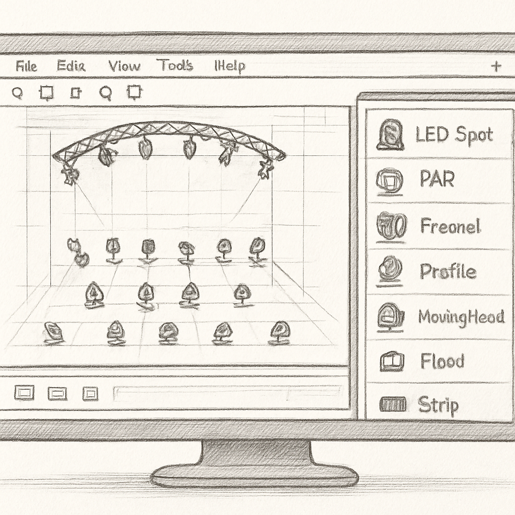 A realistic 3D rendering of a concert hall lighting plot on a computer screen, showing fixtures positioned on a stage diagram. Alt: stage lighting design software interface with 2D/3D view and fixture library.