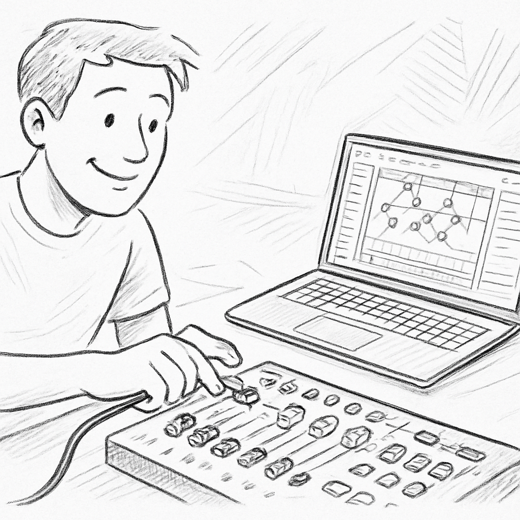A technician connecting DMX cables to a lighting console while checking a stage lighting design software on a laptop. Alt: Integration of stage lighting design software with DMX hardware and consoles