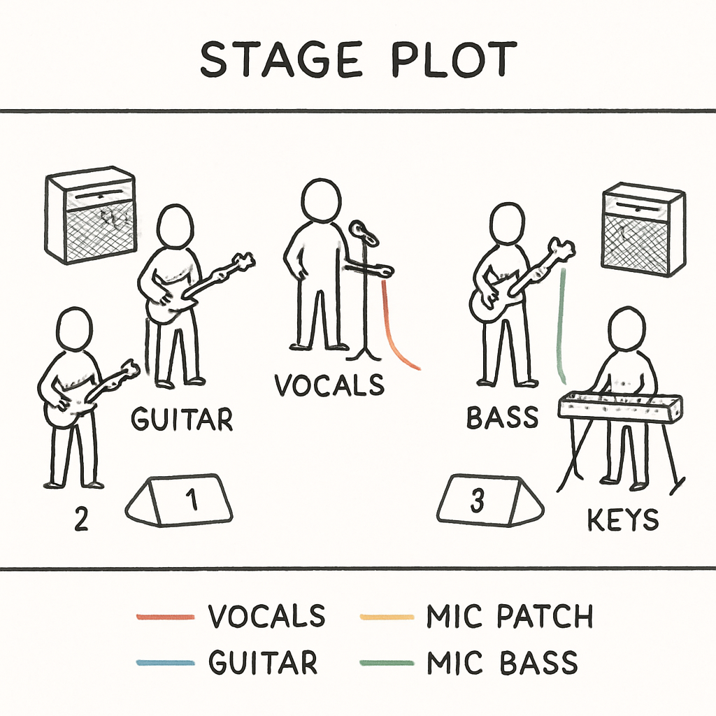 A clean 2D stage plot drawn on a white rectangle, showing musicians, monitors with numbers, colour‑coded mic patches, and a simple legend. Alt: diagramme plan de scène 2D clair avec code couleur sous‑patchs