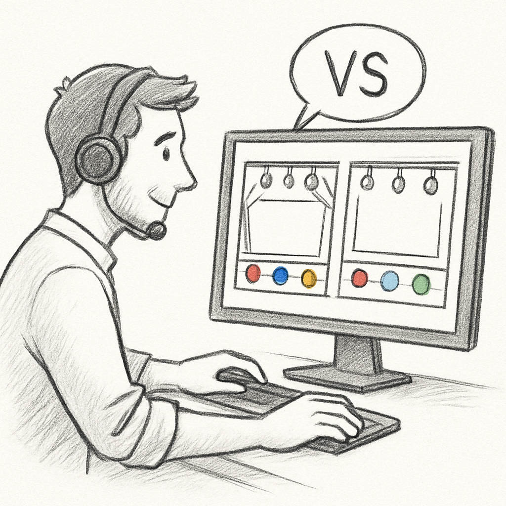 Illustration d’un technicien comparant deux plans de scène sur un ordinateur, avec des icônes de couleur pour les sous‑patchs. Alt: comparaison de solutions logiciel plan de scène