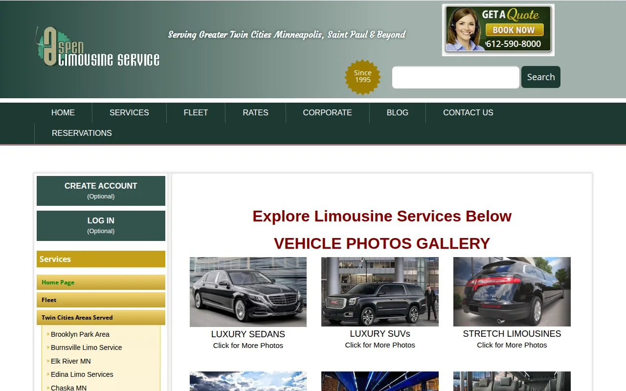Screenshot of the Aspen Limo and Car Services website