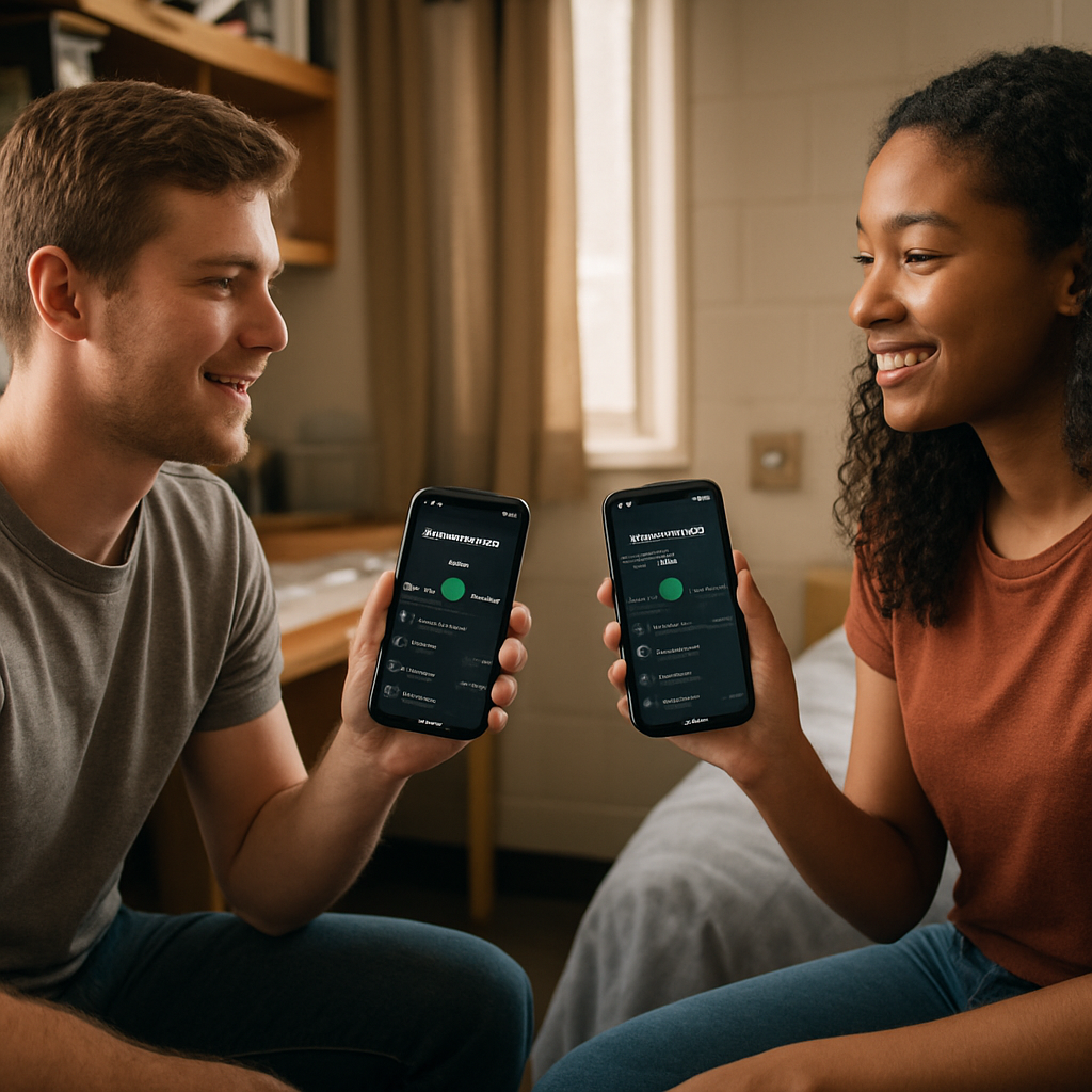 A photorealistic scene of two college students in different dorm rooms, each holding a smartphone displaying a shared playlist, with soft natural lighting, realistic textures, and subtle background details of study materials, representing Long-distance Relationships in Youths and the use of technology wisely. Alt: College couple using shared music app across distance.
