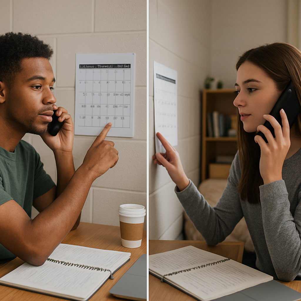 A photorealistic scene of two college students in different dorm rooms, each glancing at a calendar and sharing a quick voice note on their phones, with study materials and coffee cups around, conveying balance between academics and long‑distance connection. Alt: Balancing study and love across distance for youths.