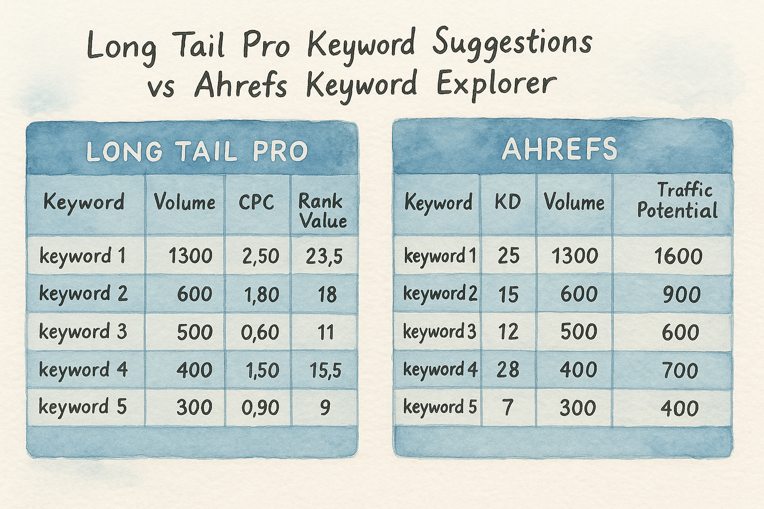 Dashboard screenshot showing Long Tail Pro keyword suggestions vs Ahrefs Keyword Explorer data.
