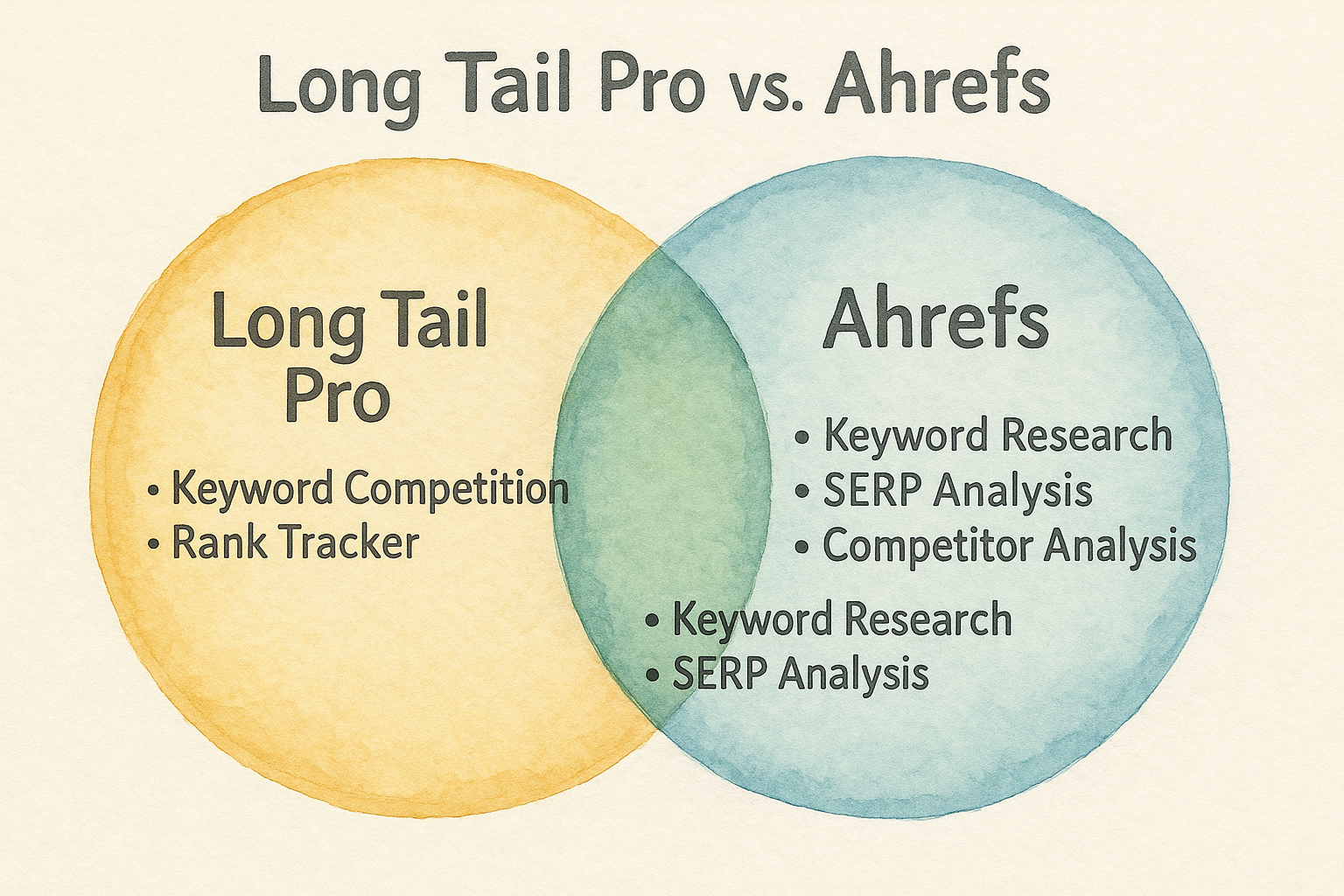 Comparison graphic showing feature overlap between Long Tail Pro and Ahrefs.