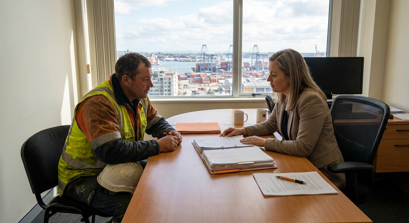 A photorealistic illustration of a dockworker meeting with a legal advisor in an office, papers spread across a desk, with a city harbor visible through the window. Alt: longshore worker consulting a lawyer about a compensation claim