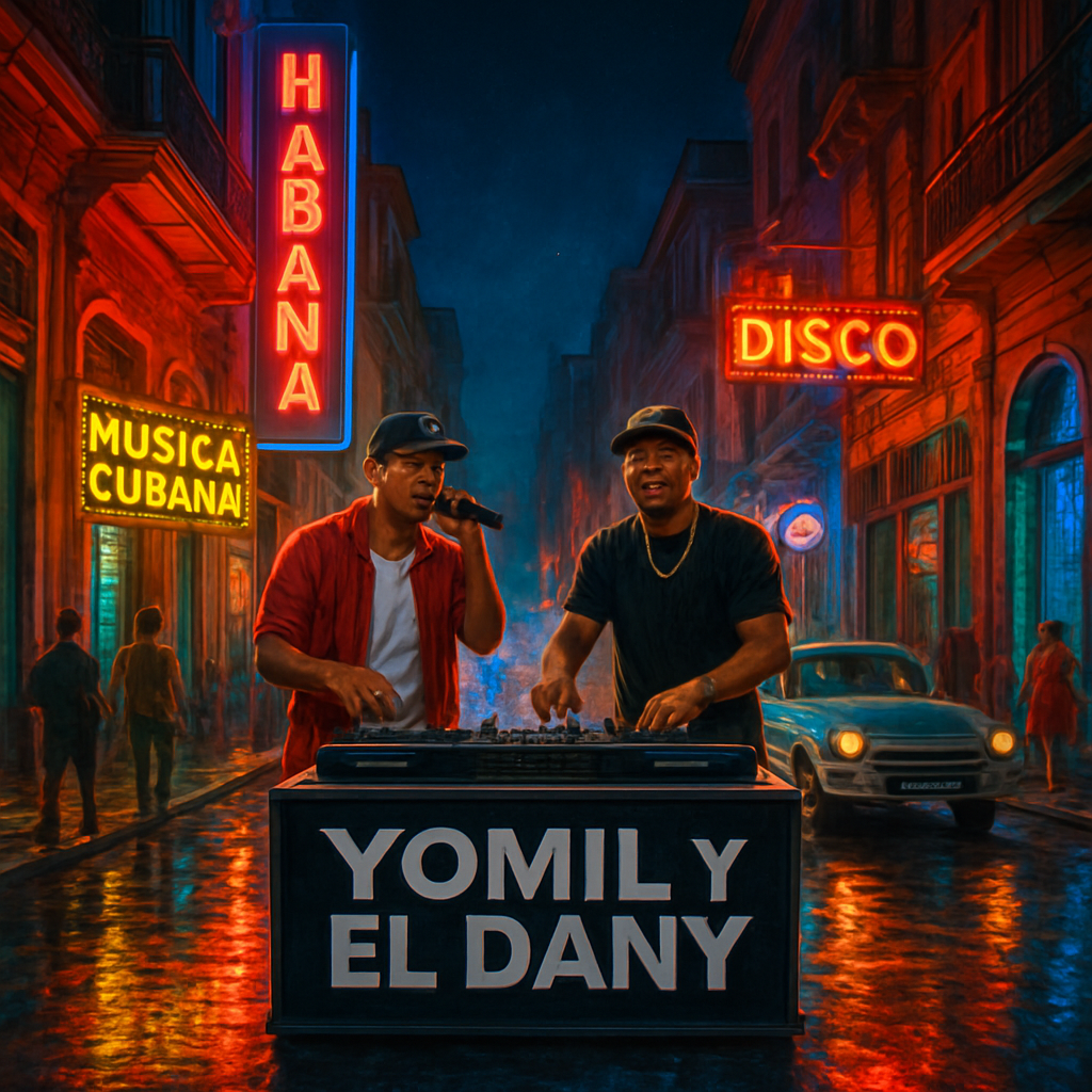 A vibrant street scene in Havana at night, neon lights reflecting on wet pavement, a DJ booth with Yomil and El Dany performing, vibrant colors, alt: Yomil y El Dany en vivo, fusión urbana cubana
