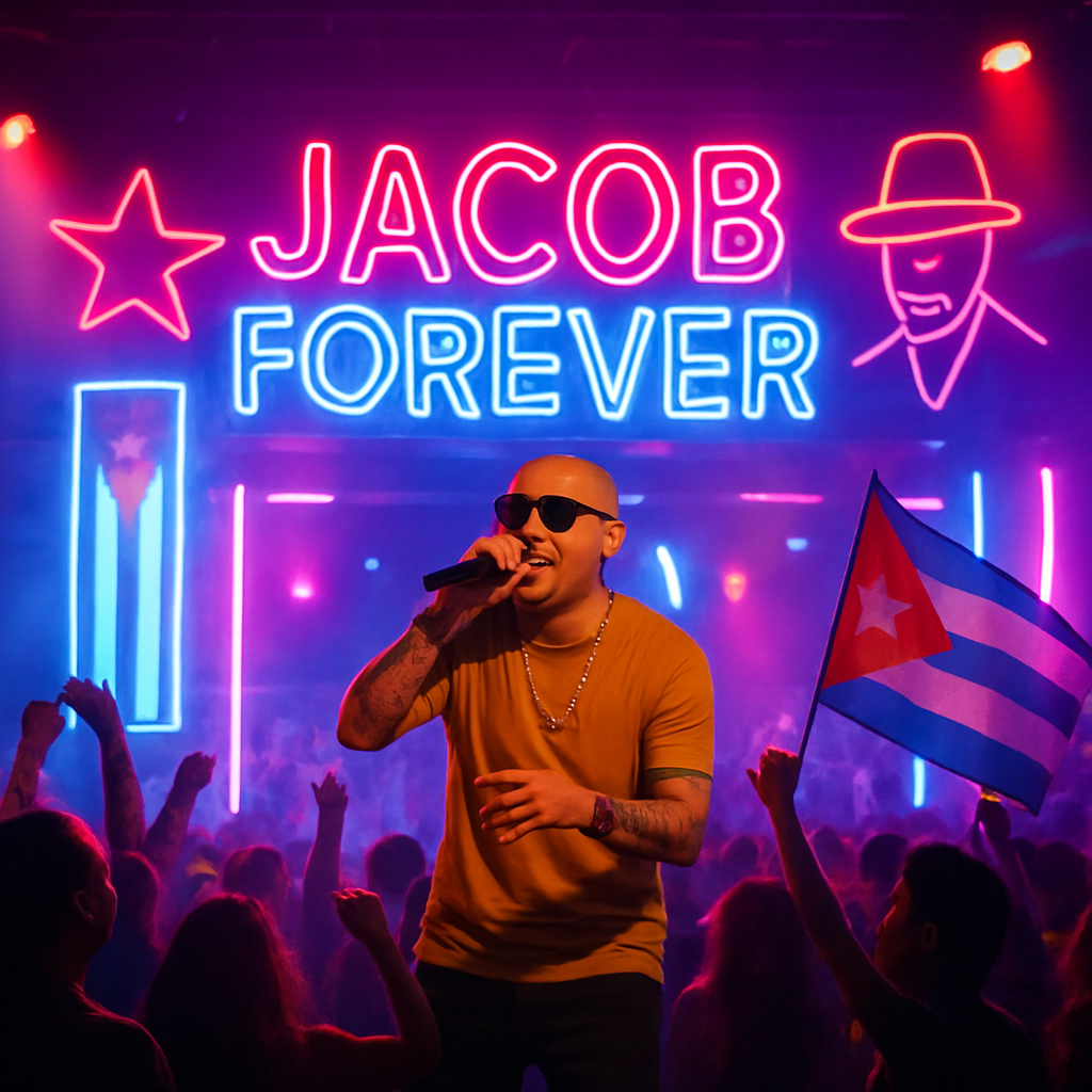 A vibrant stage with Jacob Forever performing, neon lights, crowd dancing, Cuban flags subtly integrated. Alt: Jacob Forever en vivo, pop urbano cubano, escenario festivo