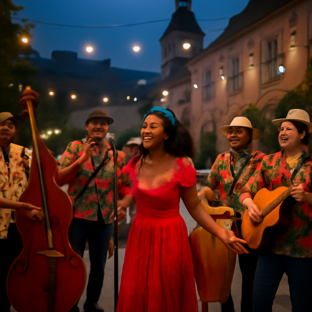 A vibrant Cuban salsa band performing on a brightly lit stage at an outdoor European wedding. Alt: grupos cubanos para fiestas, música salsa y timba en eventos europeos.
