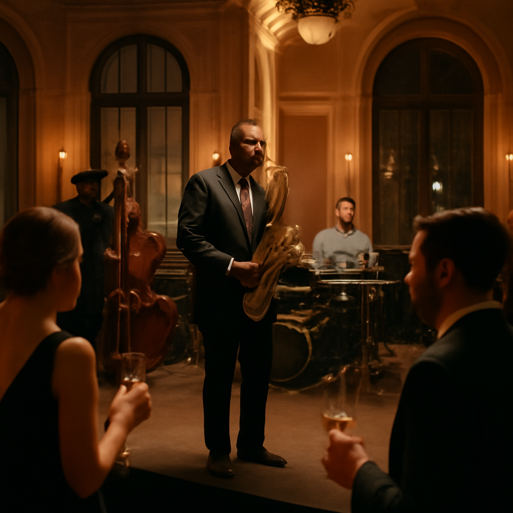 A stylish European event hall with a small jazz afrocubano ensemble on a low stage, saxophonist soloing while guests sip wine and sway, warm lighting highlighting brass and percussion. Alt: grupos cubanos para fiestas, jazz afrocubano, ambiente elegante.