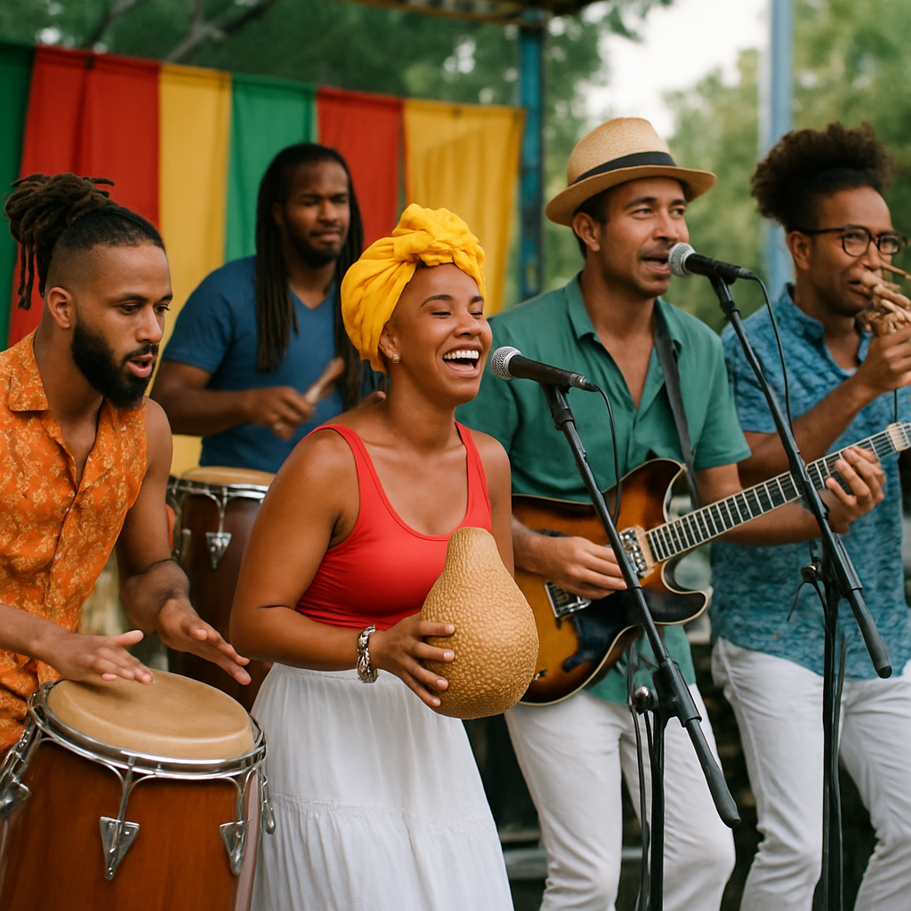 Grupo Afrocubano actuando en un escenario vibrante al aire libre, fusionando instrumentos tradicionales y modernos. Alt: Grupo de salsa cubana fusionando tradición y modernidad en vivo