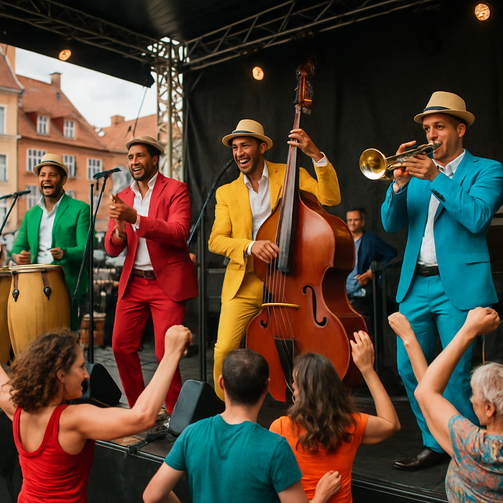 Una escena vibrante de un grupo de salsa cubana en Europa tocando en un festival, músicos vestidos con trajes coloridos y público bailando animadamente. Alt: Grupos de salsa cubana en Europa brindando energía y profesionalismo en conciertos en vivo.