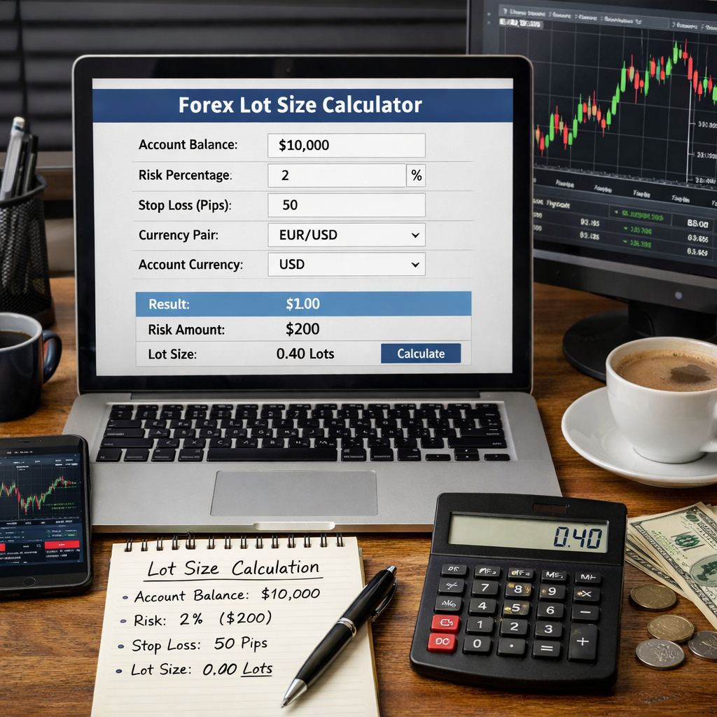 A photorealistic image related to lot-size-calculator-forex. Alt: lot-size-calculator-forex