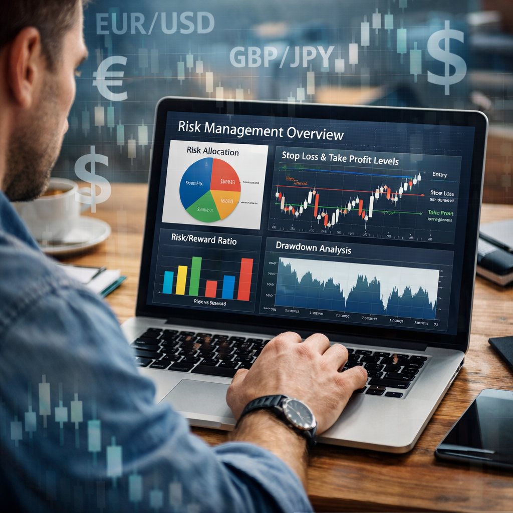 A realistic illustration of a trader reviewing multiple risk‑management charts on a laptop, with a subtle overlay of forex symbols. Alt: forex risk management resources illustration
