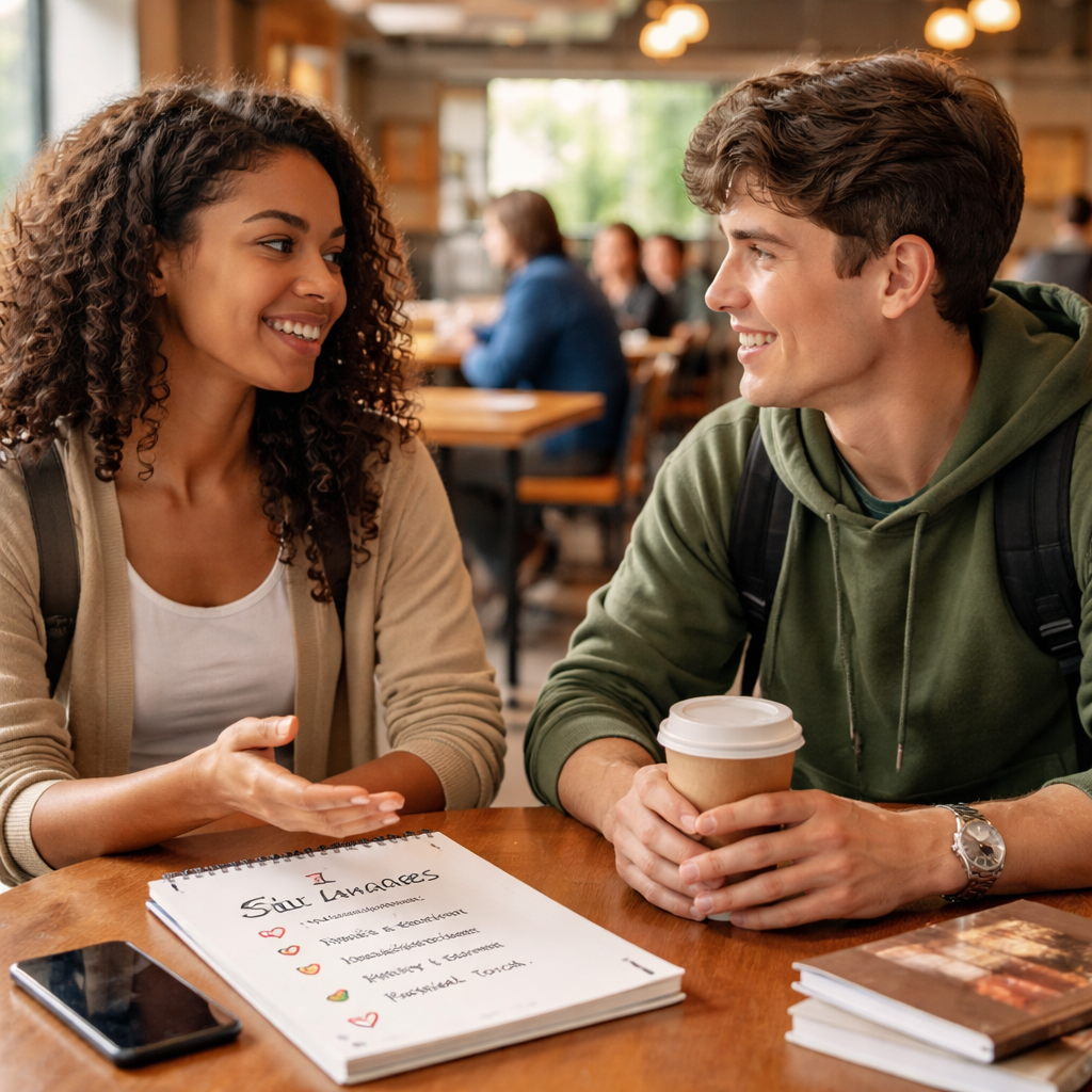 A photorealistic campus cafe scene of two students talking about love languages, with a notebook and coffee cups. Alt: Two students discussing love languages in a campus cafe.