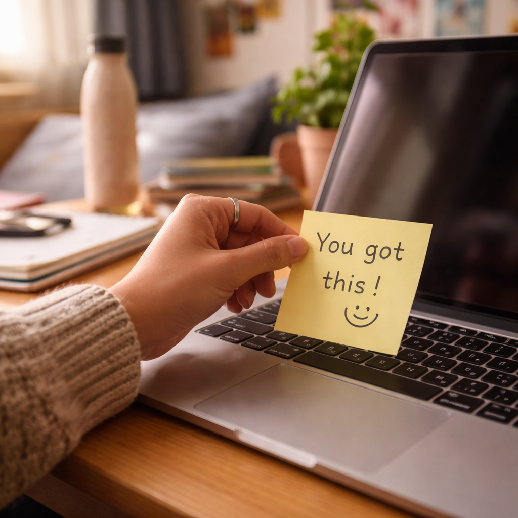 A photorealistic scene of a college student leaving a handwritten sticky note with an encouraging message on a roommate’s laptop in a cozy dorm room, natural lighting, realistic style, appealing to Gen Z audience