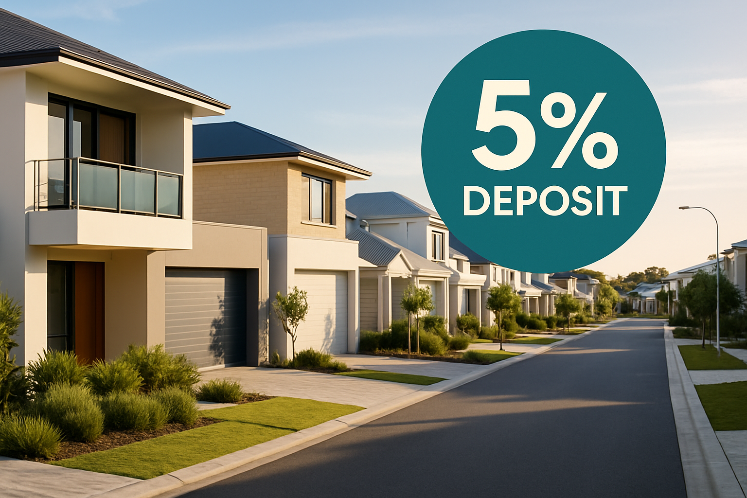 A modern Perth suburb with a large “5% Deposit” badge overlay.
