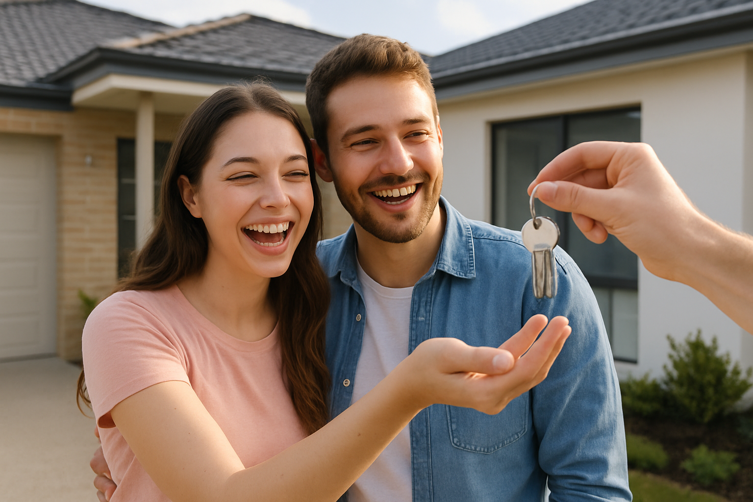 A happy young couple receiving keys to their first Perth home with minimal deposit.