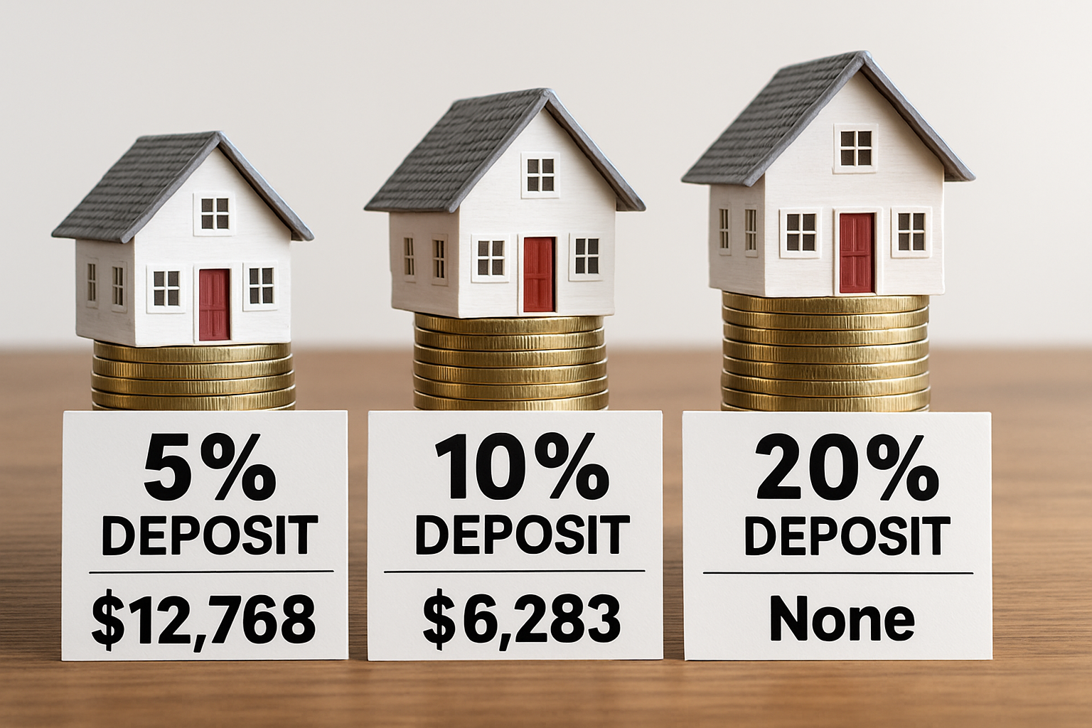 Infographic comparing deposit sizes: 5% vs 10% vs 20% with associated LMI costs.
