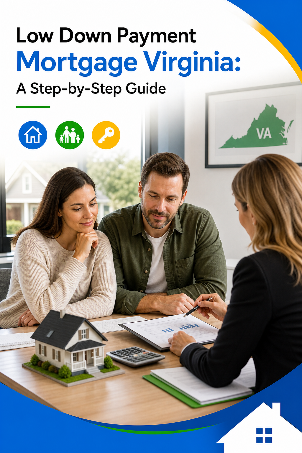 A realistic illustration of a Virginia homebuyer sitting at a table with a mortgage loan officer, reviewing loan documents and a calculator. Alt: Homebuyer discussing low down payment mortgage options in Virginia.
