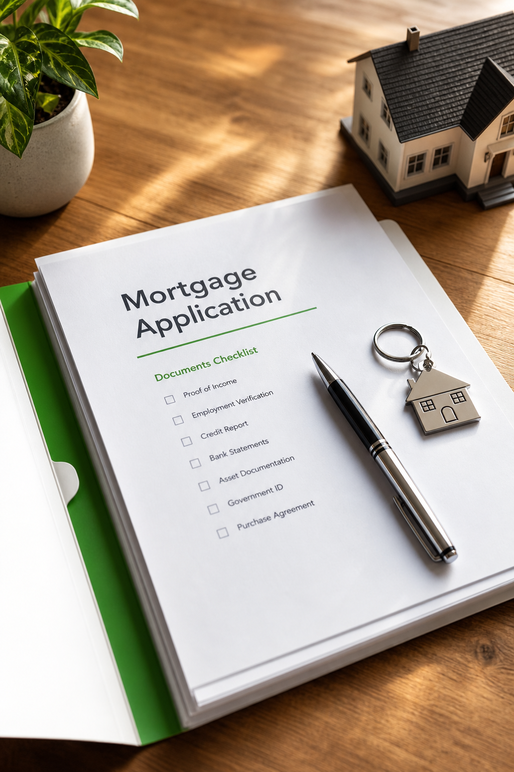 A realistic photo of a folder with mortgage documents, a pen, and a home key on a desk. Alt: Documents needed for a Virginia mortgage application.