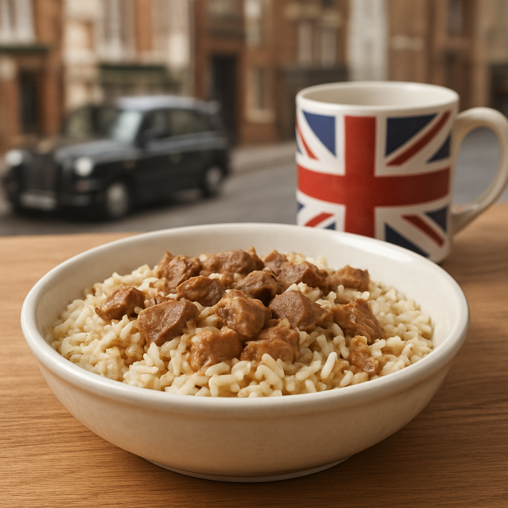 A photorealistic image of a bowl of low residue dog food placed on a wooden kitchen countertop, showing clearly visible rice, duck meat pieces, and a drizzle of animal fat, with a British flag mug in the background. Alt: Low residue dog food UK, photorealistic, realistic style