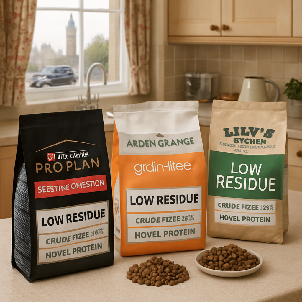 A photorealistic kitchen counter in a cosy British home, showing three open bags of low residue dog food – Purina Pro Plan, Arden Grange, and Lily’s Kitchen – with clear labels highlighting crude fibre under 3 % and novel protein sources. Alt: low residue dog food uk label comparison on kitchen counter.