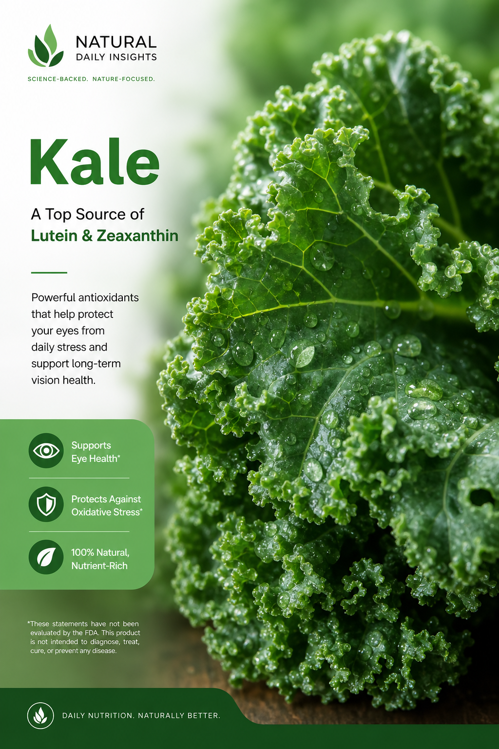 A photorealistic close-up of a vibrant green kale leaf with water droplets, representing a top source of lutein and zeaxanthin. Alt: Fresh kale leaf rich in lutein for eye health.