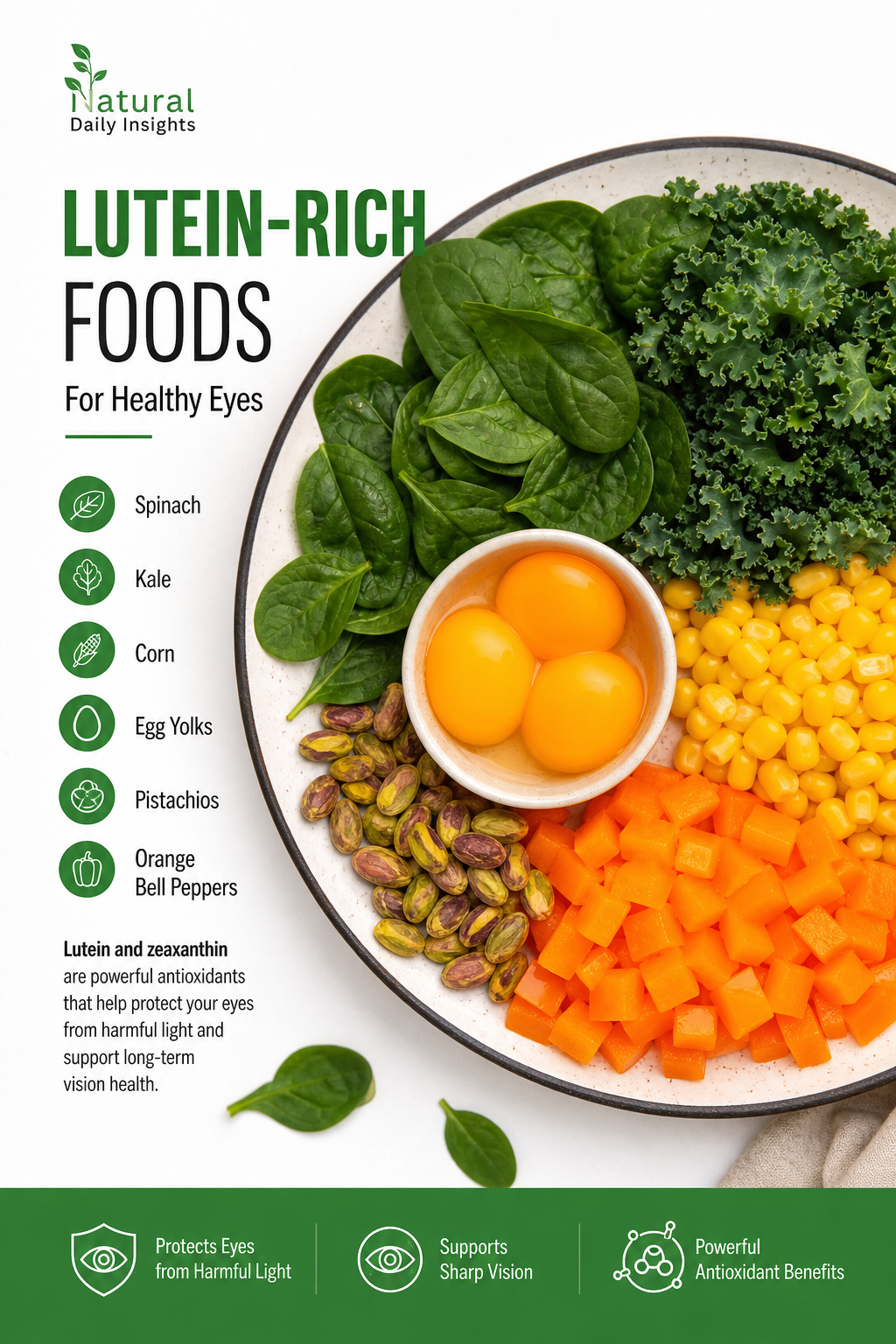 A realistic overhead shot of a colorful plate containing spinach, kale, corn, egg yolks, pistachios, and orange bell peppers, arranged to represent lutein-rich foods. Alt: Foods high in lutein and zeaxanthin for eye health.