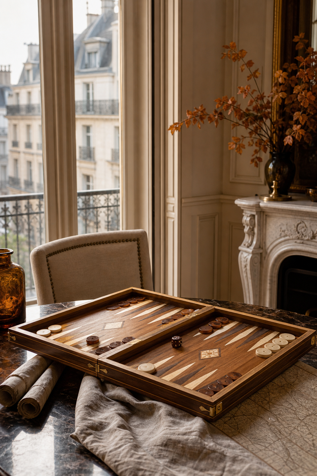 Pilardi handcrafted backgammon board in a Parisian interior