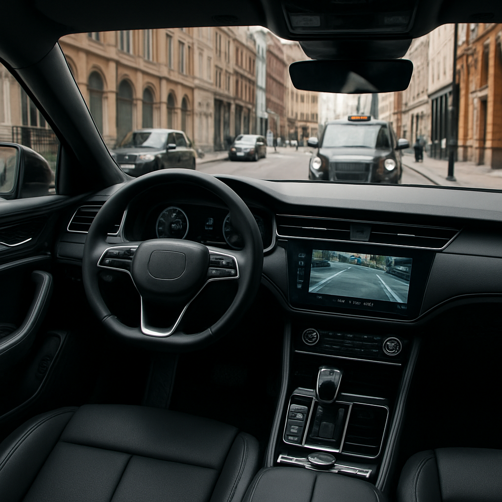 A sleek black luxury car interior with advanced safety features displayed on the dashboard. Alt: Luxury car interior showcasing safety technology.