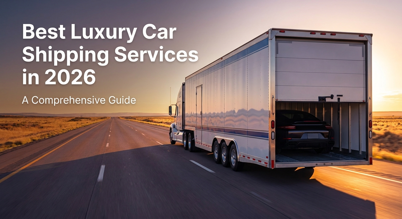 A pristine enclosed car transport trailer on an open highway at golden hour, a luxury vehicle partially visible through the trailer's rear door, photorealistic natural lighting, brand color blue accent on the vehicle transport signage. Alt: enclosed luxury car shipping trailer on highway, Dispatch Dudes.