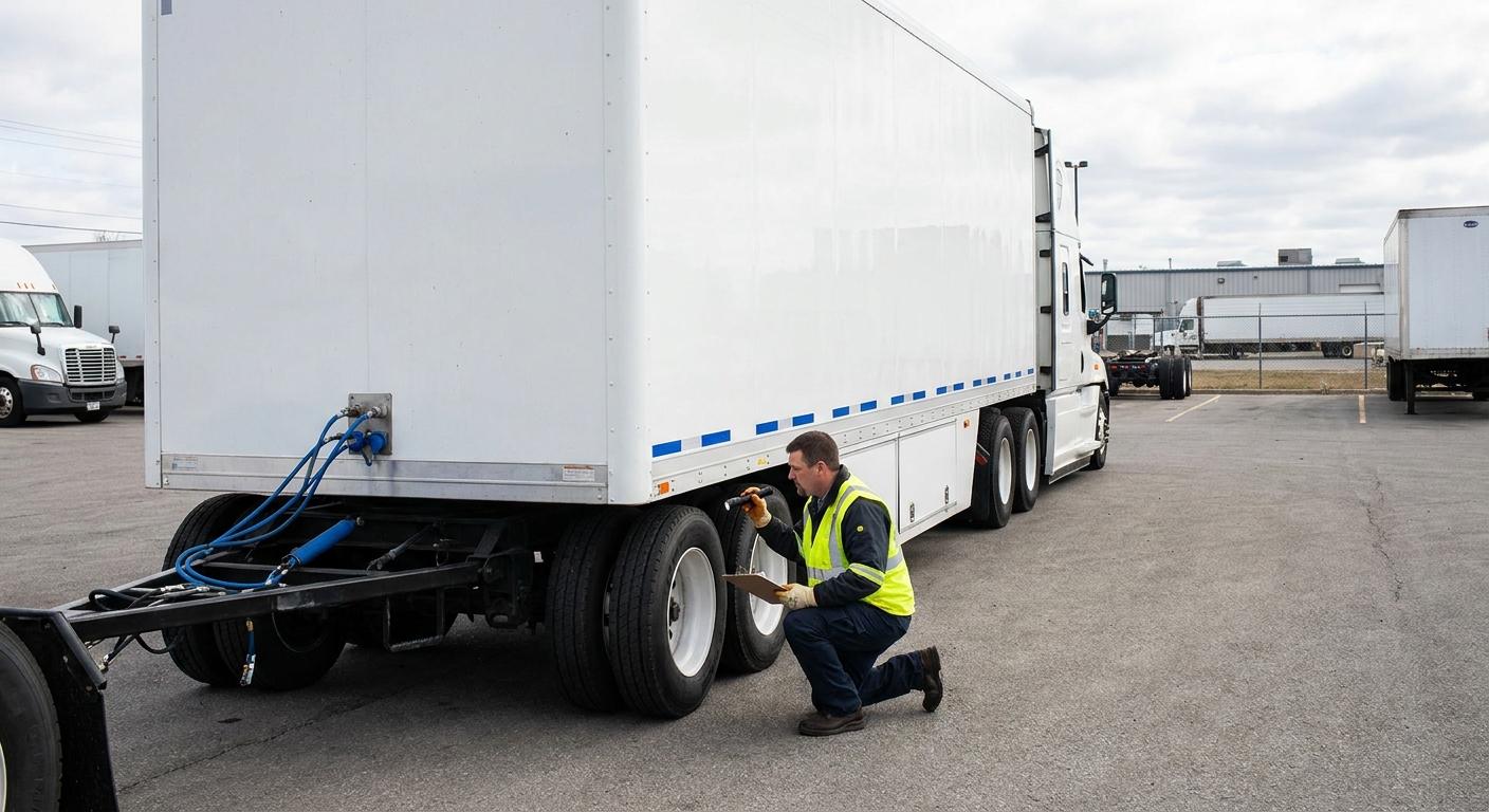 A professional auto transport truck driver in a safety vest performing a pre-load vehicle inspection on an enclosed carrier in a commercial lot, photorealistic, natural daylight, blue accent color on transport equipment. Alt: licensed car carrier driver inspecting enclosed transport trailer for luxury vehicle shipping.