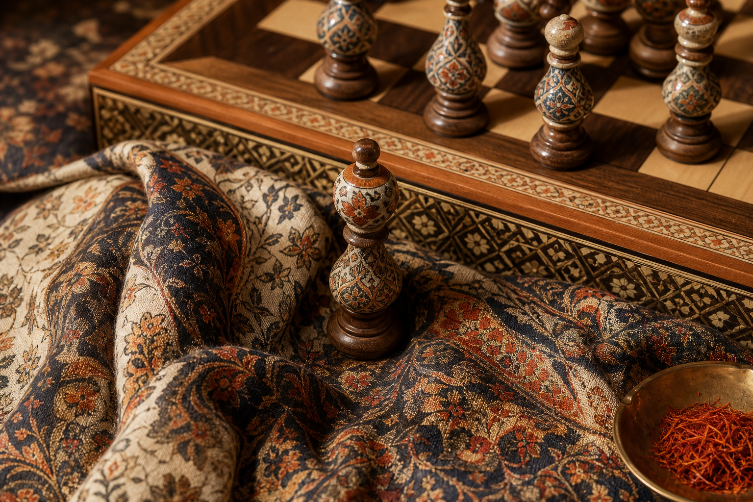 close-up of a hand-painted Persian panel on a luxury chess and backgammon board