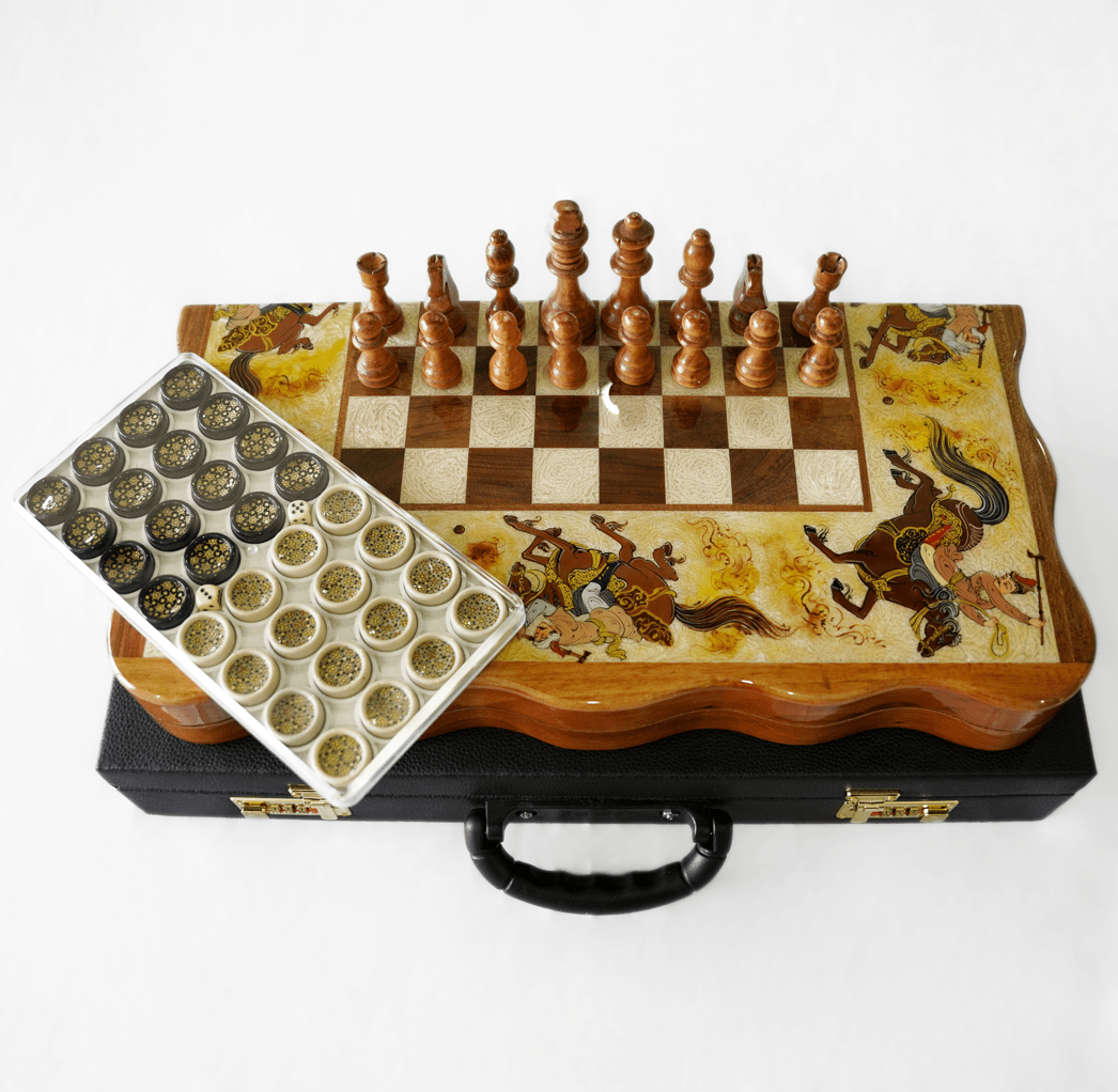 close-up of Khatam-kari marquetry on a luxury chess board