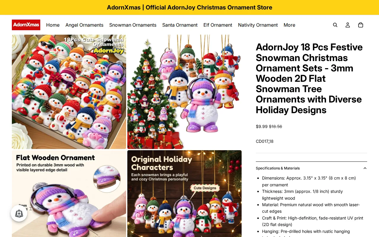 Screenshot of the AdornJoy 18 Pcs Festive Snowman Christmas Ornament Sets website